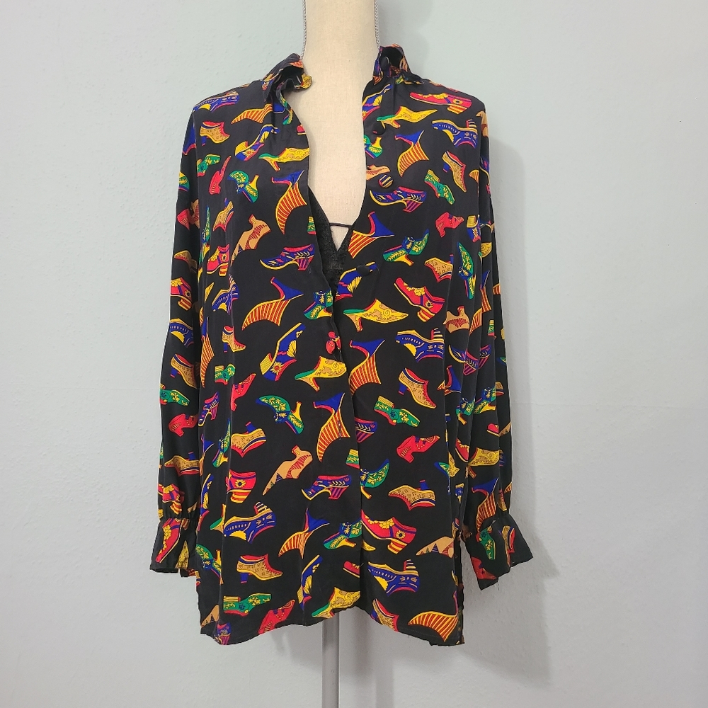 Shoe Print Silk Long Sleeve‎ Button Up Shirt Size 8
